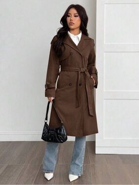 Women's Brown Double-Breasted Trench Coat with Belt